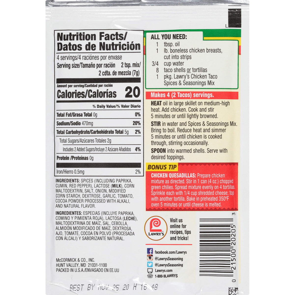 Lawry's Pepper,Garlic,Paprika,Onion / 1 Ounce Meat Seasoning