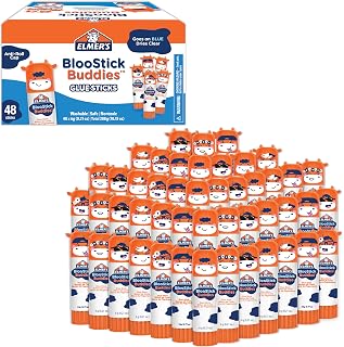 Elmer's BlooStick Buddies Glue Sticks, Disappearing Blue, Anti-Roll Cap Design, Unique Characters, 6 Grams, 48 Count - Classroom Supplies, #1 Teacher Brand