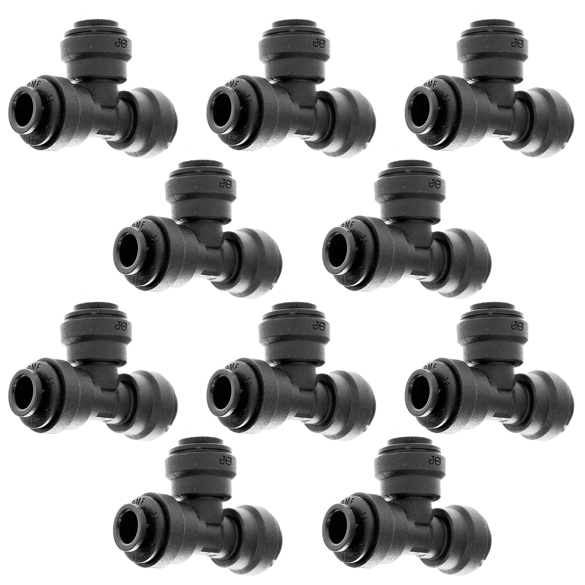 Union Tee 1/4" OD Tube 10 Pack by John Guest – Acetal Copolymer, Black, Pack of 10, Model 4-PP0208E