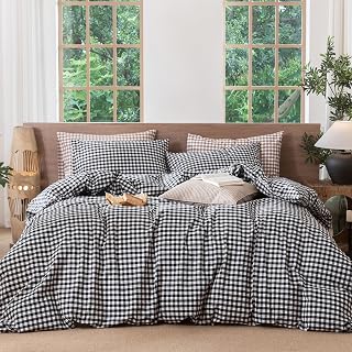 Gingham Duvet Cover Set 100% Washed Cotton Linen Like