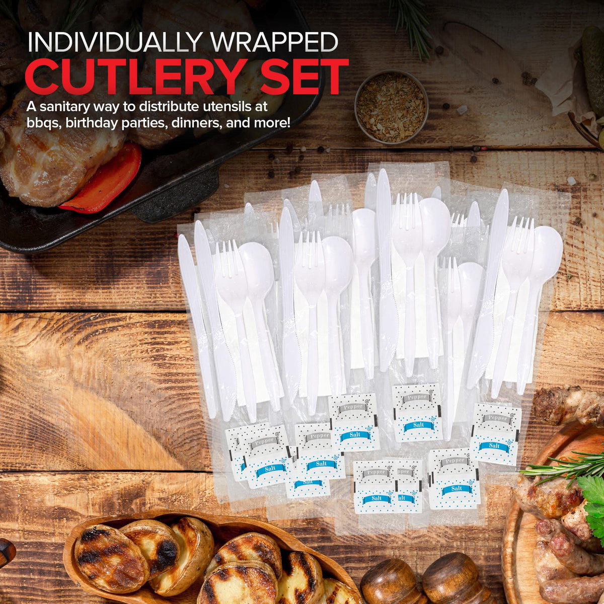 Individually Wrapped Plastic Cutlery Set with Napkin + Salt & Pepper Packets in White (250 Count) Prewrapped Disposable Silverware Bags by Stock Your Home – 250 Count, Model 1555