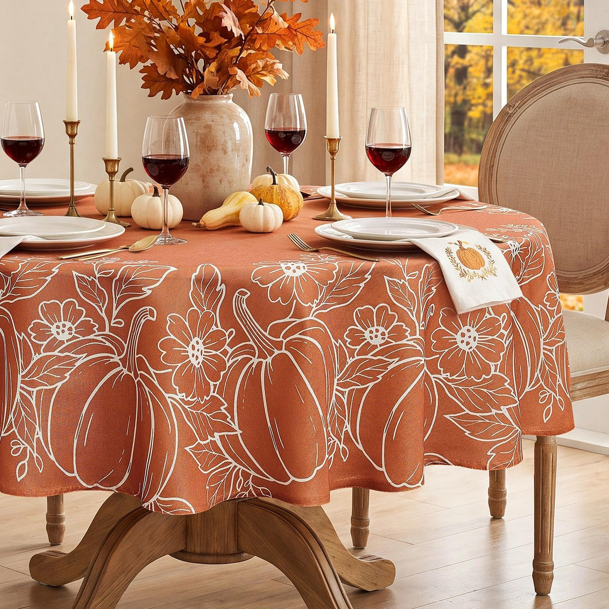 Softalker Faux Linen Round Tablecloth, 70 Inch, Pumpkin and Maple Leaf