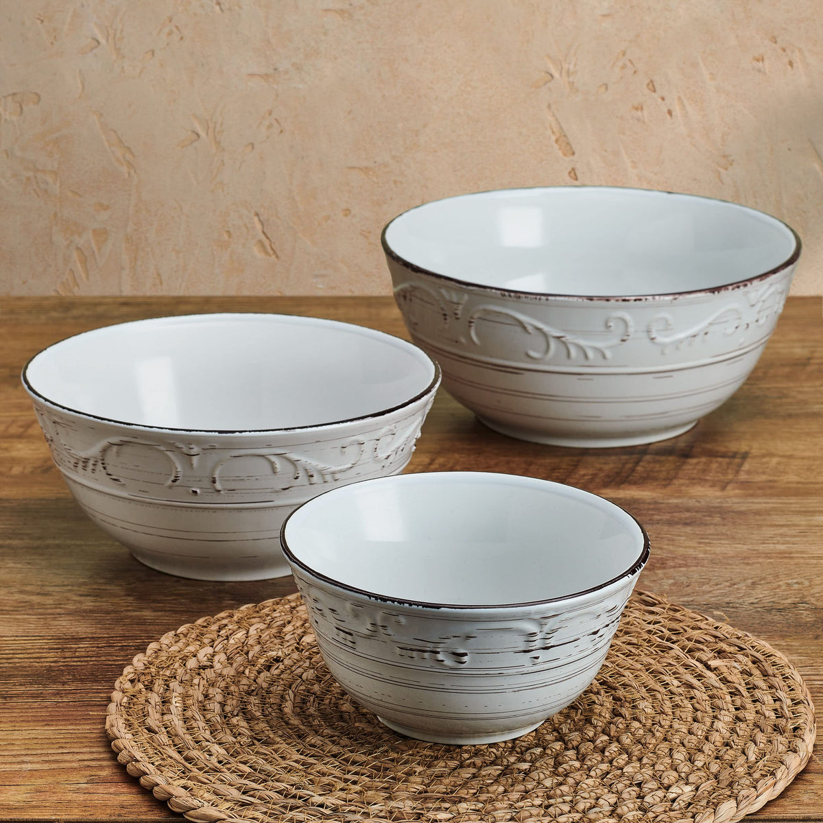 Pfaltzgraff Trellis Serving Bowl Set, Stoneware, White, Set of 3