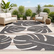 JONATHAN Y Beach Stripe and Monstera Leaf Indoor Outdoor Area Rug 5X8 Black/Beige, Allison Classic for Backyard, Patio, Porch, Easy-Cleaning, High Traffic, Pet-Friendly, Non-Shedding (TSN400A-5)