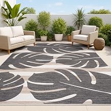 JONATHAN Y Beach Stripe and Monstera Leaf Indoor Outdoor Area Rug 5X8 Black/Beige, Allison Classic for Backyard, Patio, Porch, Easy-Cleaning, High Traffic, Pet-Friendly, Non-Shedding (TSN400A-5)
