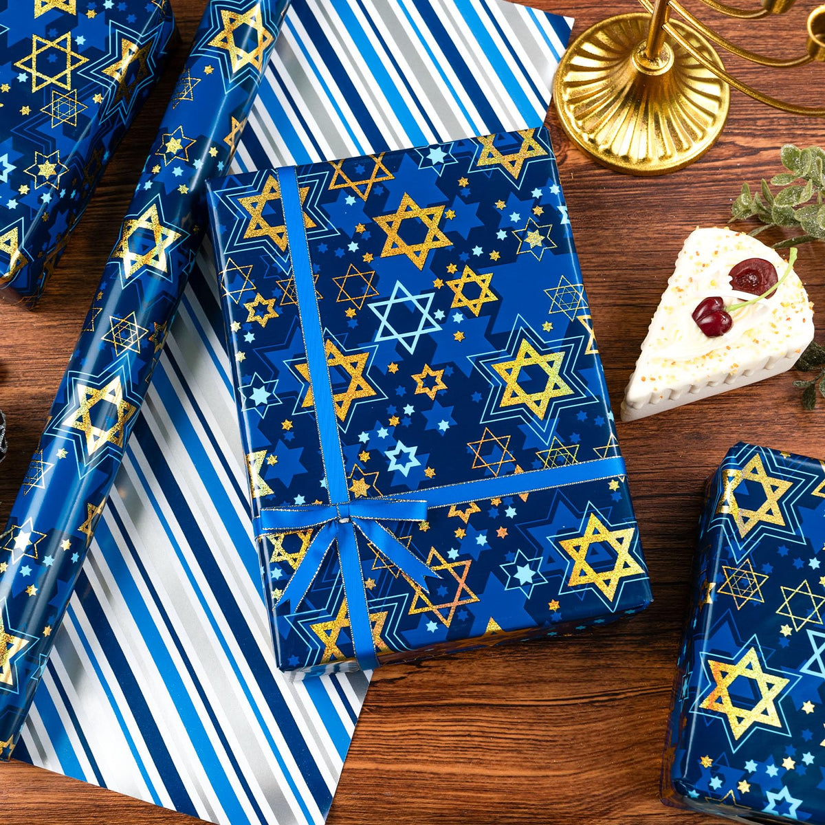 Maypluss Star of David Wrapping Paper, Metallic Foil Navy Blue, 17 Inch x 33 Feet