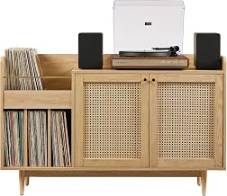Crosley Furniture Maeve Record Player Cabinet, Vinyl Storage, Rattan Turntable Stand for Records, Ash
