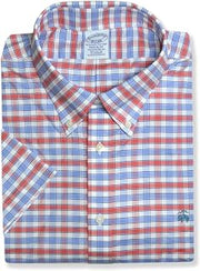 Brooks Brothers Mens Cotton Blend Short Sleeve Button Down Shirt, (X-Large, 213809 Red/Blue Gingham)