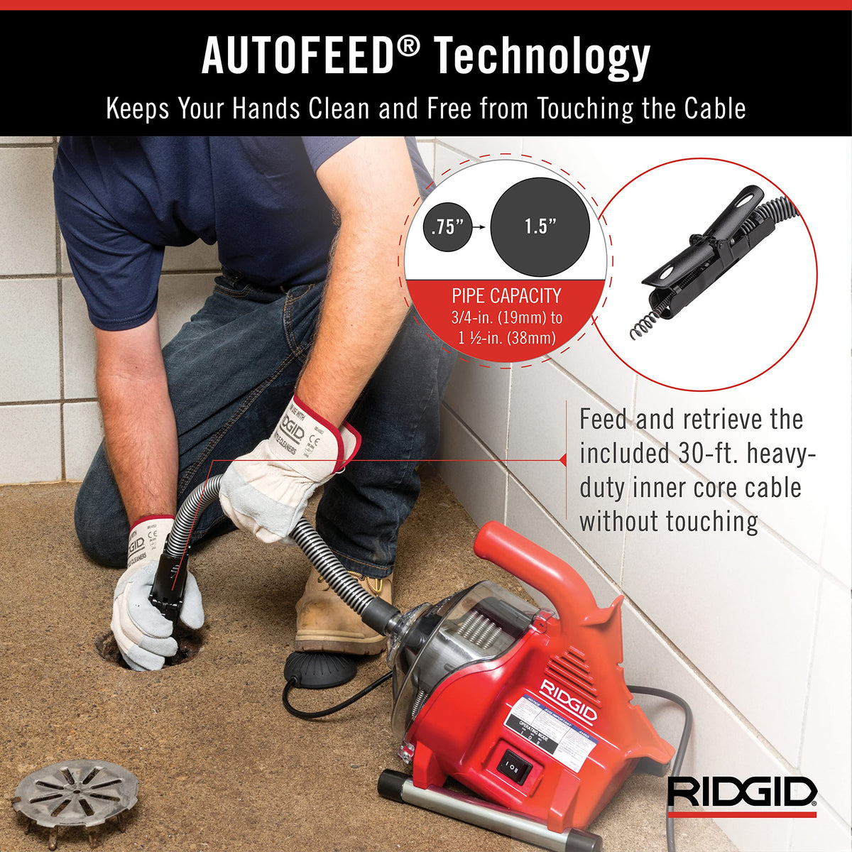 PowerClear 120-Volt Drain Cleaning Machine Kit for Tubs by RIDGID – 3/4" to 1-1/2", Plastic, Red, Model 55808
