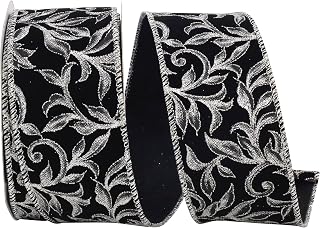 Reliant Ribbon Exquiste Scroll Leaf Wired Edge Ribbon, 2-1/2 Inch X 10 Yards, Black/silver