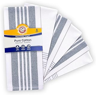 Arm & Hammer Pure Cotton Kitchen Towel Set, Classic Stripe & Farmhouse Stripe, 6 Pack, 100% Cotton, Absorbent, Quick Dry, Low Lint, 18" x 28", Navy