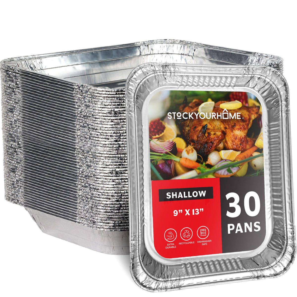 (30 Pack) Disposable Aluminum Pans 9x13 Shallow by Stock Your Home – Shallow, Aluminum, Silver, Pack of 30, Model Stock Your Home