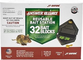 JT Eaton Answer Kills Mice with Reusable Mouse Bait Station and 32 Bait Blocks – Effective Rodent Control Solution for Indoor & Outdoor Use