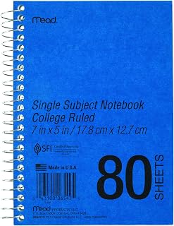 Mead Spiral Notebook, 1 Subject, College Ruled, 80 Sheets, DuraPress Cover, 5" x 7, Blue, 1 Count (06542)