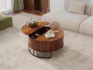 Round Storage Lift Top Coffee Table for Living Room, Mesa de Centro | Round fluted wooden coffee table with hidden storage, hydraulic lift mechanism, soft-close top, and anti-collision round
