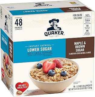 Quaker Instant Oatmeal, Lower Sugar Maple and Brown Sugar, Individual Packets, 1.19 Ounce (Pack of 48)
