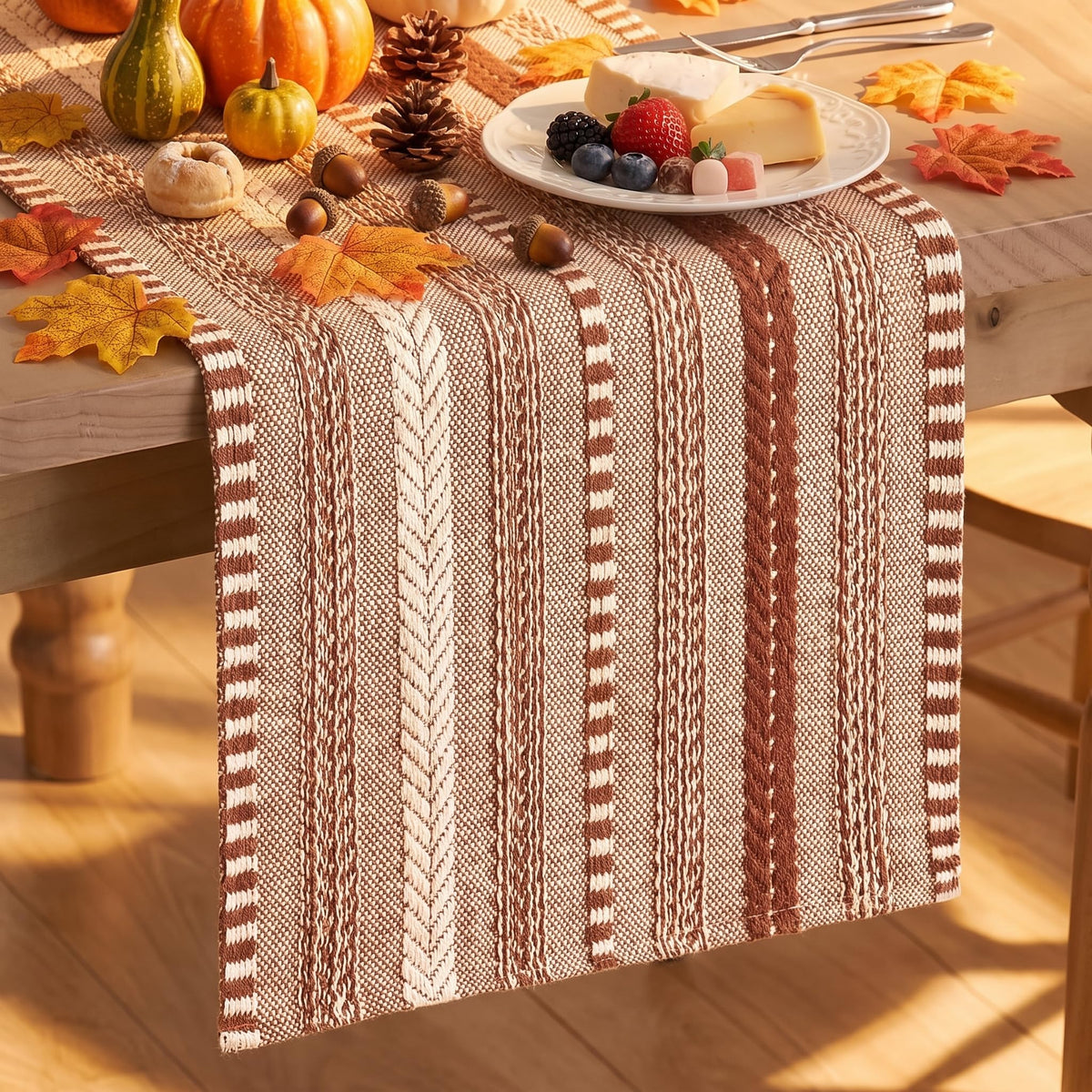 Artoid Mode Braided Table Runner, 12 x 72 Inch, Caramel Farmhouse Stripe