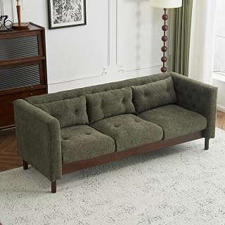 Modern 3-Seater Sofa with Tufted Design, Upholstered in Soft Linen-Like Fabric - Dark Green, Sturdy Rubber Wood Legs for Living Room