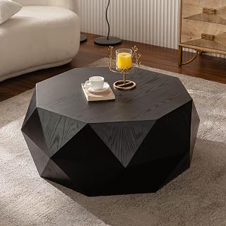 38" Retro Embossed Coffee Table, Round Coffee Table with Solid Wood Texture, Mesa De Centro para Sala with Easy Cleaning for Living Room Office, Black