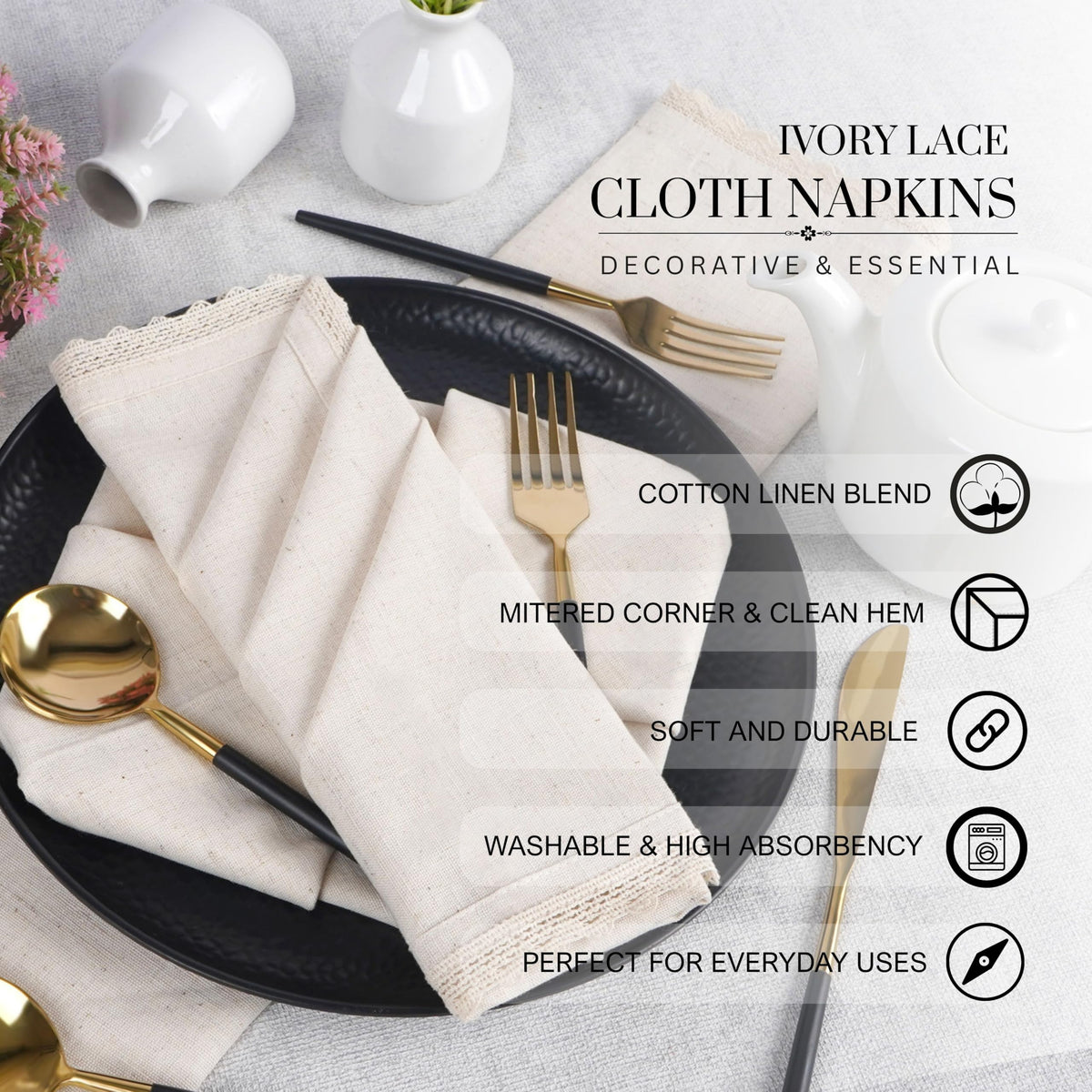 Fingercraft Cloth Napkins with Lace Trim, Cotton Linen Blend, Set of 12, Ivory