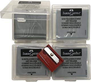 Large Kneaded Art Eraser Grey Artist Drawing Art Pencil Eraser with Casing [Pack of 4] + 1 Faber-Castell Sharpener