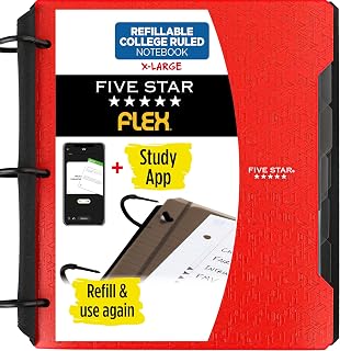 Five Star Flex Refillable Notebook + Study App, College Ruled Paper and 1-1/2 Inch TechLock Ring Binder with Pockets, Tabs and Dividers, 300 Sheet Capacity, Fire Red (29324AB2)