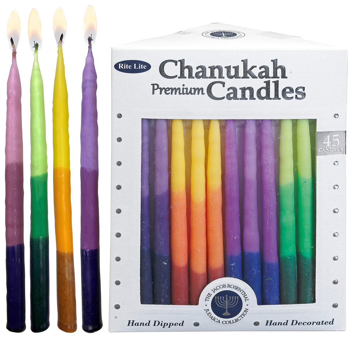 Rite Lite Chanukah Candles, Hand Dipped Rainbow, Box of 45