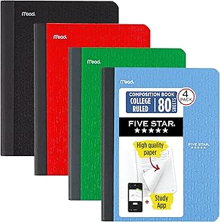 Five Star Composition Book + Study App, 4 Pack, College Ruled Paper, 7-1/2" x 9-3/4", 80 Sheets, Forest Green, Pacific Blue, Fire Red and Black (850065B-ECM)