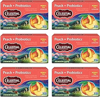 Celestial Seasonings Peach + Probiotics Herbal Tea, Caffeine Free, 16 Tea Bags Box (Pack of 6)