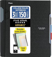 Five Star Advance Spiral Notebook + Study App, 3 Subject, College Ruled Paper, 8-1/2" x 11", 150 Sheets, Spiral Guard, Movable Tabbed Dividers, Black (73132)