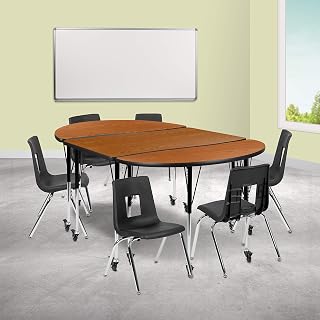 Flash Furniture Emmy Mobile 76" Oval Wave Flexible Laminate Activity Table Set with 16" Student Stack Chairs, Oak/Black