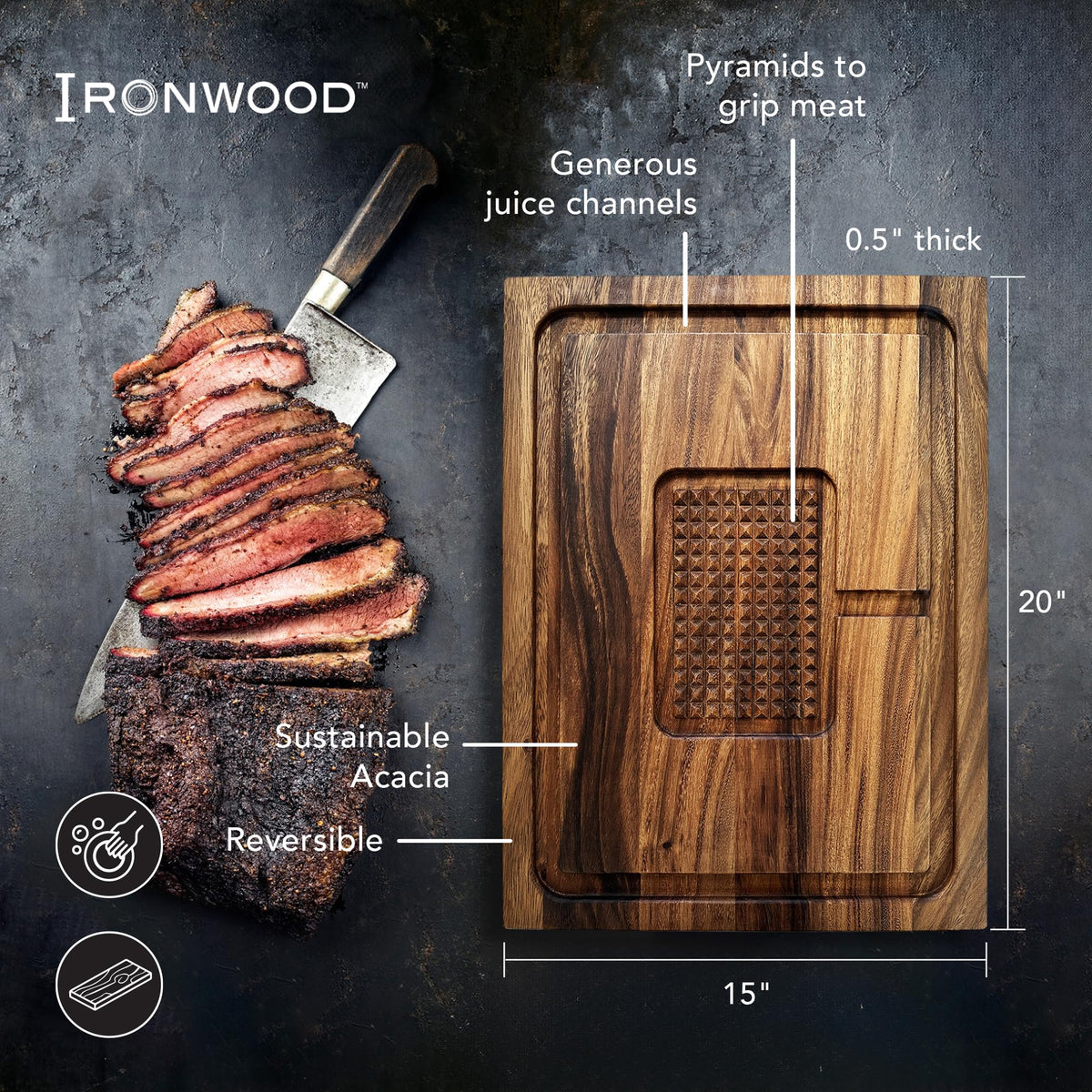 Ironwood Gourmet Acacia Carving Board, 15 x 20 Inch with Juice Channel