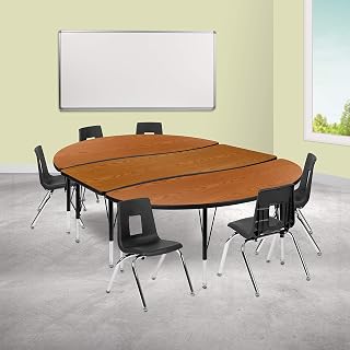 Flash Furniture Emmy 86" Oval Wave Flexible Laminate Activity Table Set with 14" Student Stack Chairs, Oak/Black | Flexible, 14 in Student Stack Chairs, Laminate