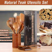 Mooues Teak Wooden Utensil Set, 9 Piece Natural Wood with Holder and Rest