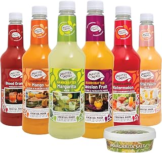 MASTER OF MIXES Margarita / Daiquiri Drink Mixes Variety, Ready to Use, 1 Liter Bottles (33.8 Fl Oz), Pack of 6 Flavors + Margarita Salt | Blood Orange, Mango, Margarita, Passion Fruit, Watermelon, White Peach | Cocktail & Mocktail, Pour Ready, Smooth Mixing
