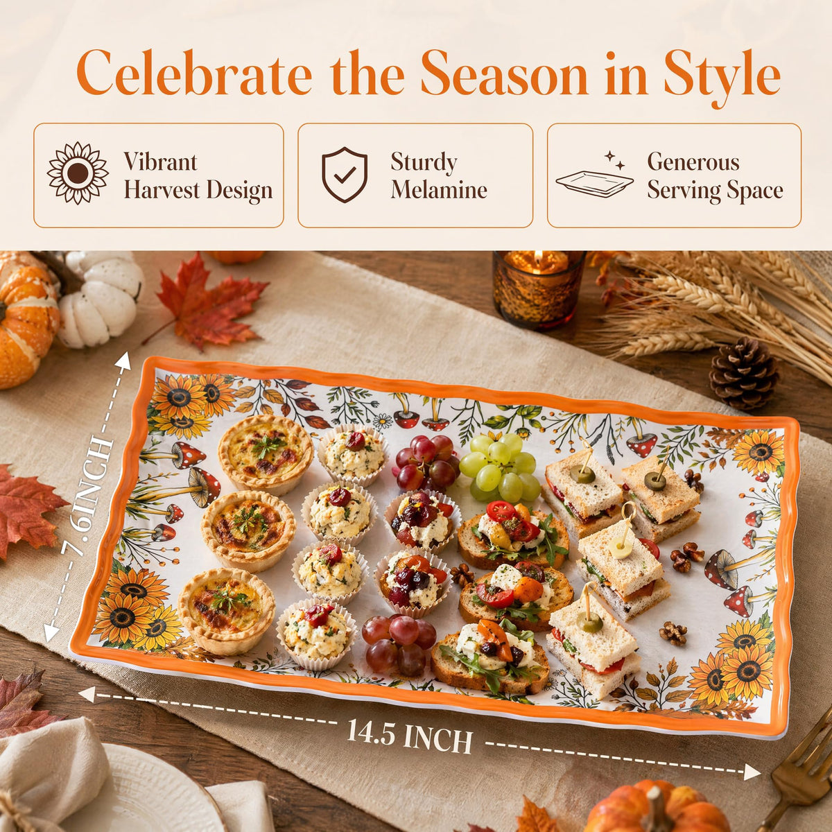 Lechoo Melamine Serving Trays, 14.5 Inch Rectangular, Sunflower Floral Set of 2
