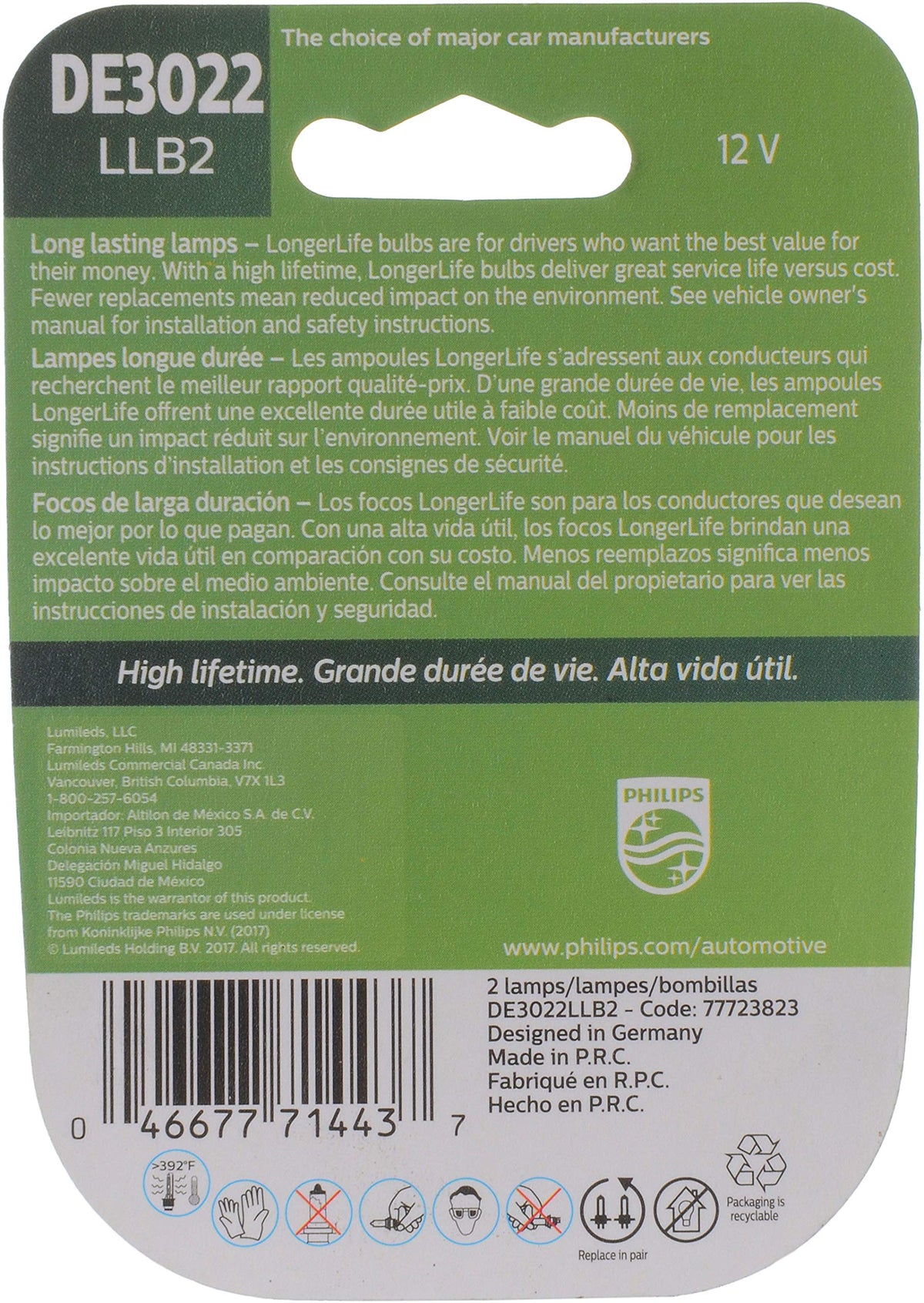 Automotive Lighting DE3022 LongerLife Miniature Bulb by PHILIPS – Pack of 2, Model DE3022LLB2