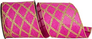 Reliant Ribbon Lattice Diamond Glitter Linen Wired Edge, Fuchsia, 4 Inch, 10 Yards