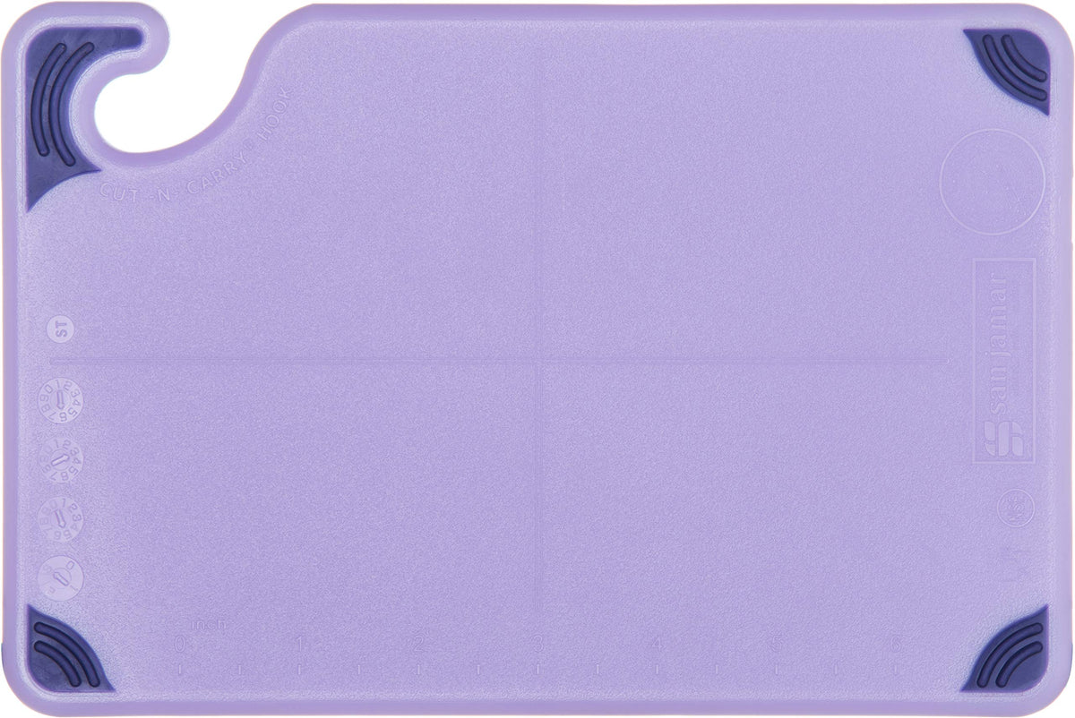 Allergen Saf-T-Grip Cutting Board With Molded-In Ruler by San Jamar – 6"L x 9"W, Proprietary Blend, Purple, Model CBG6938PR