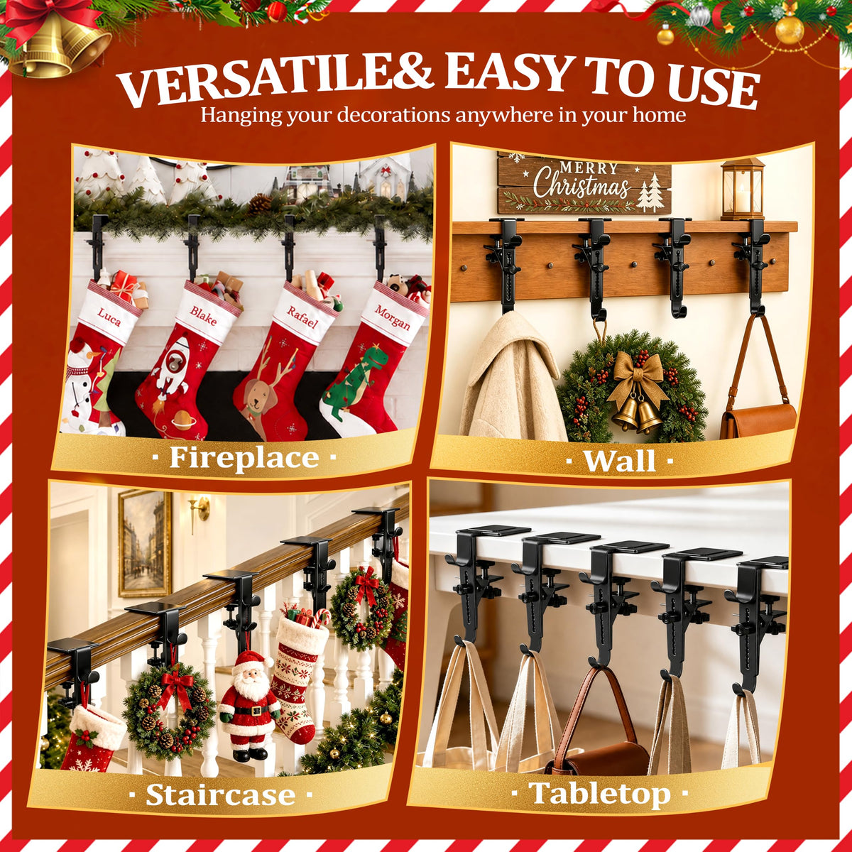 RGJ Mantel Stocking Hangers, Dual Hook Metal, Black, Set of 6