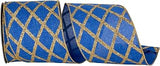 Reliant Ribbon Lattice Diamond Glitter Linen Wired Edge, Royal, 4 Inch, 10 Yards