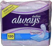 Always Dailies Regular, Thin, Unscented Pantiliners, 60 Count - Pack of 2 (120 Total Count)