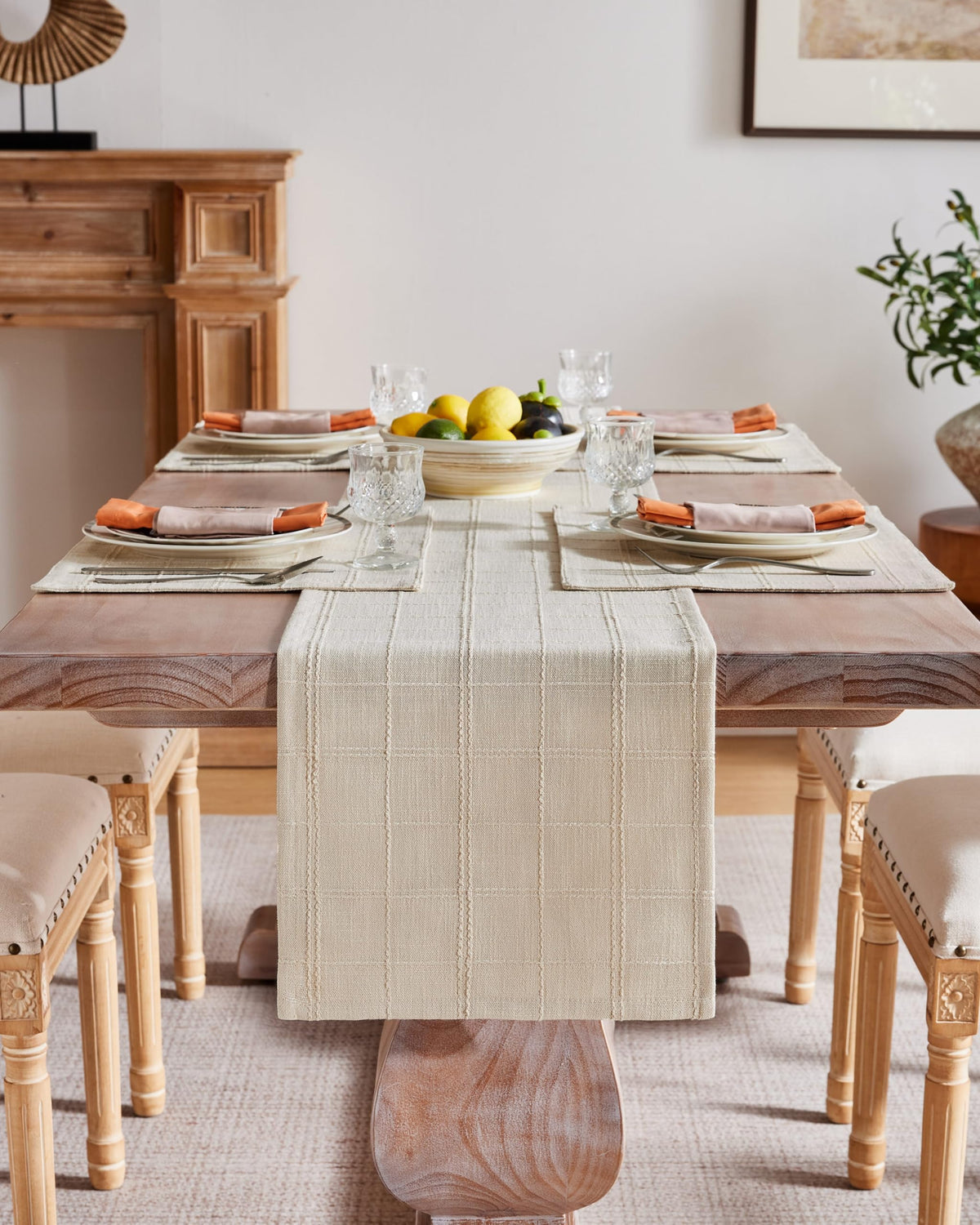 ZeeMart Plaid Linen Blend Table Runner, 13 x 72 Inches, Beige