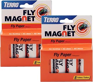 TERRO Fly Magnet 2-Pack, Sticky Fly Paper Traps | Indoor Hanging Ribbon Design, Traps Flies, Gnats, and Flying Insects, 16 Disposable Bug Traps, No Bait, No Odor, No Mess
