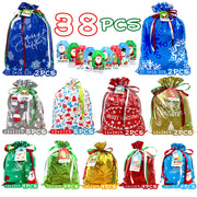 Diamerd Christmas Drawstring Gift Bags, 38 Piece Assorted Sizes, Red Green Blue