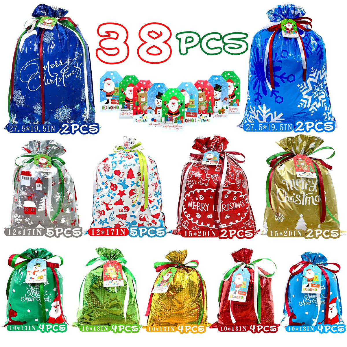 Diamerd Christmas Drawstring Gift Bags, 38 Piece Assorted Sizes, Red Green Blue
