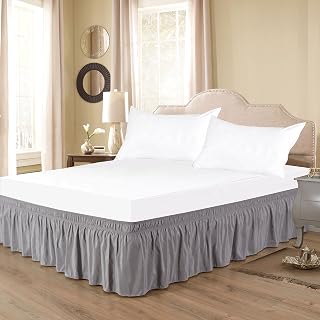 Bed Skirt - Three Sides Fabric Elastic Wrap Around Dust Ruffled Solid Bed Skirts Easy On/Easy Off 15 Inch Tailored Drop, Hotel Quality 100% Cotton 800 Thread Count, Silver King Size