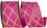 Reliant Ribbon Lattice Diamond Glitter Linen Wired Edge, Fuchsia, 2-1/2 Inch, 10 Yards