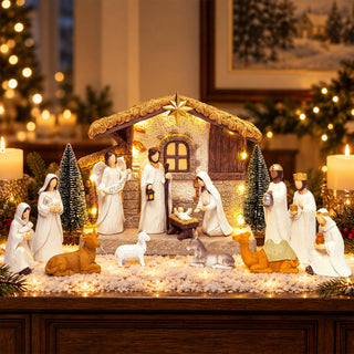 Gleemoria Nativity Scene Set, 17 Pieces with LED Stable, White