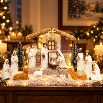 Gleemoria Nativity Scene Set, 17 Pieces with LED Stable, White